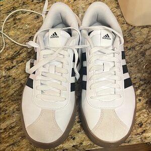 adidas White Sneakers with Black Stripes and Gum Sole